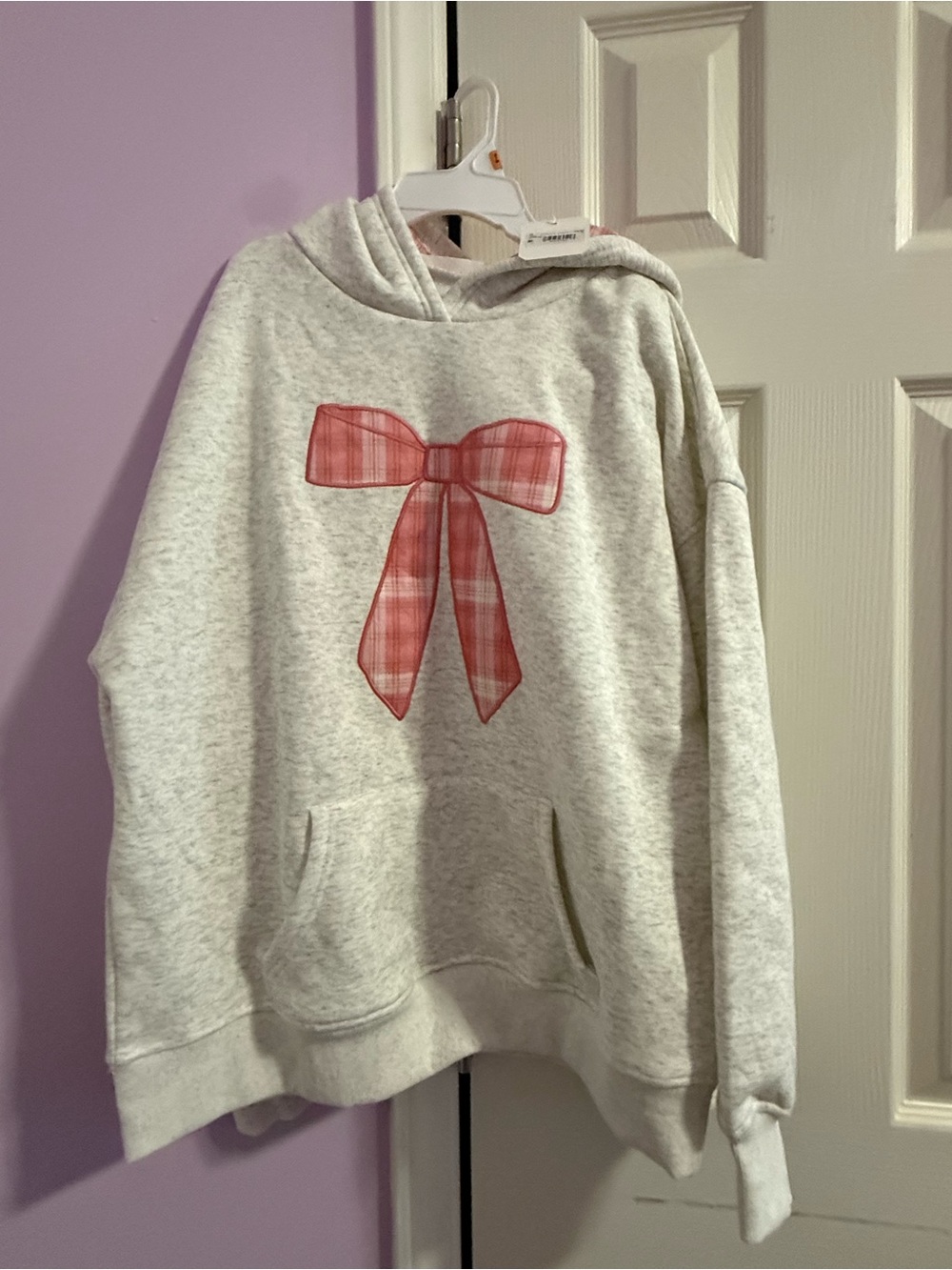 Altar'd State Cream Hoodie with Pink Plaid Bow